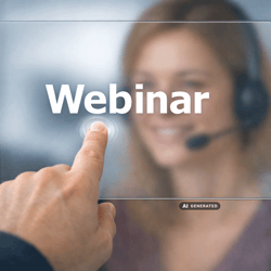 Finger drückt auf Touchscreen mit Aufschrift Webinar, hinter dem eine Frau mit Headset zu sehen ist (AI generated)